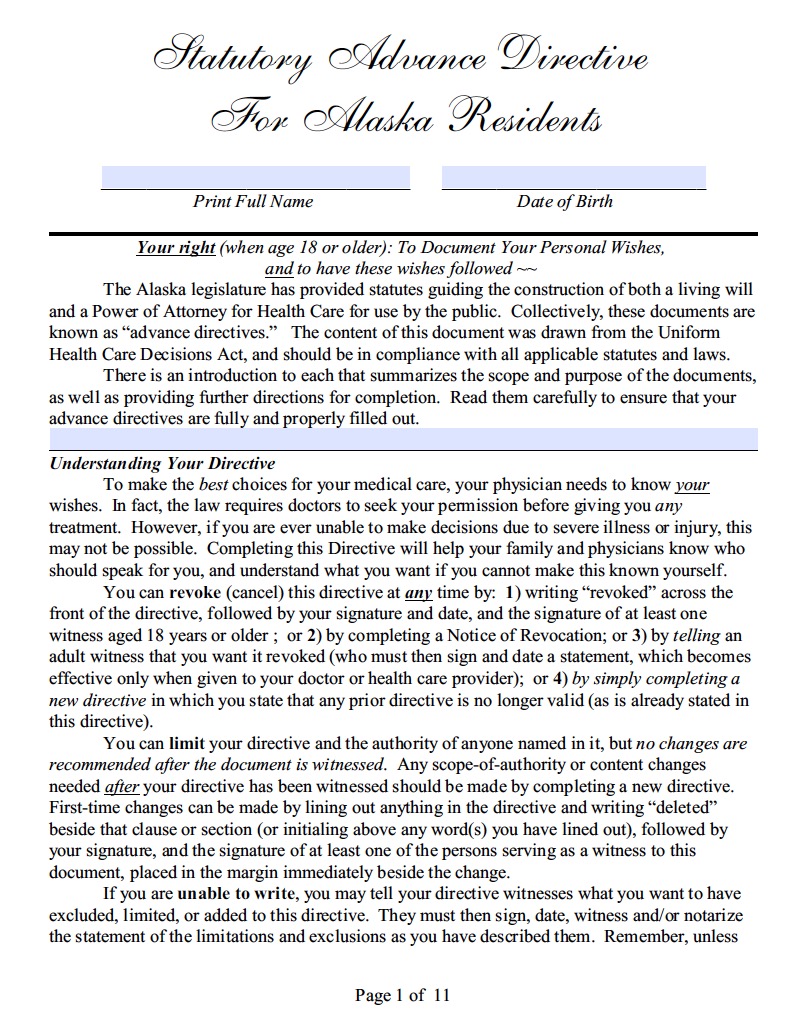 Alaska Living Will Form (Advance Directive) Living Will Forms