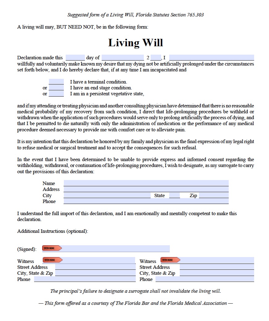 Florida Living Will Form (Advance Directive) - Living Will ...