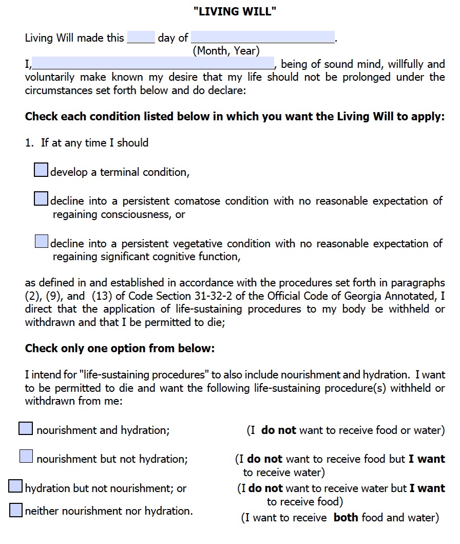 Georgia Living Will Form (Advance Directive) - Living Will Forms