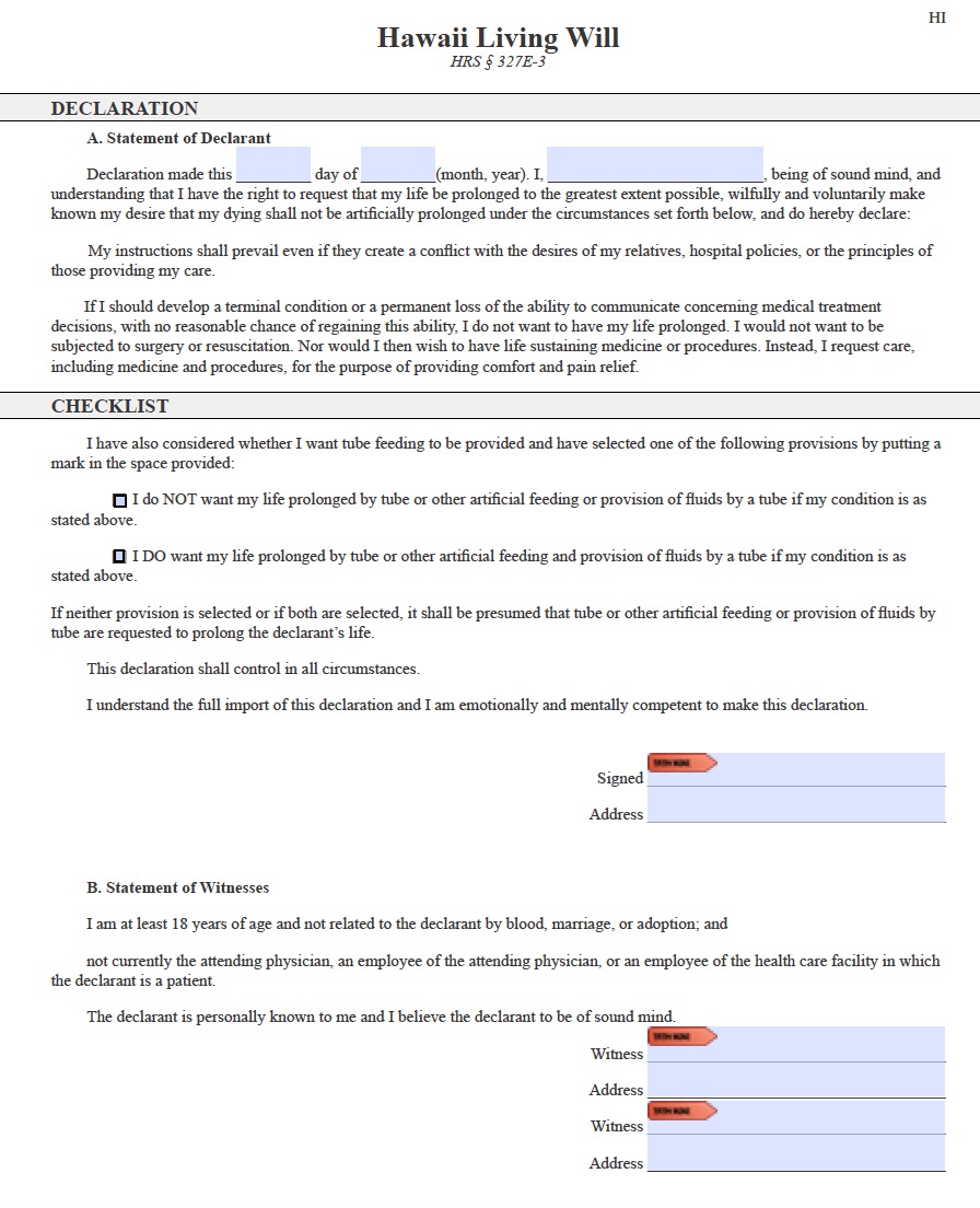 Hawaii Living Will Form (Advance Directive) Living Will Forms