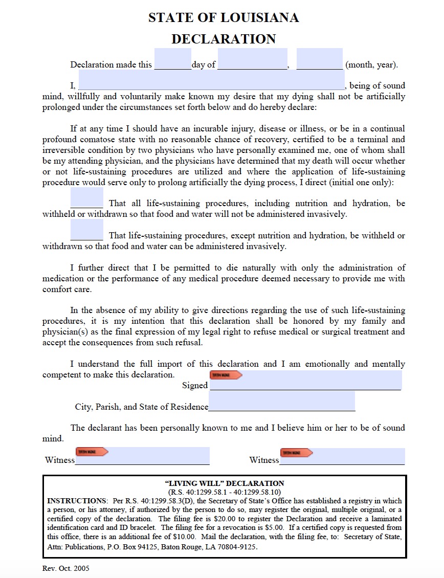 Louisiana Living Will Form Advance Directive Living Will Forms Living Will Forms