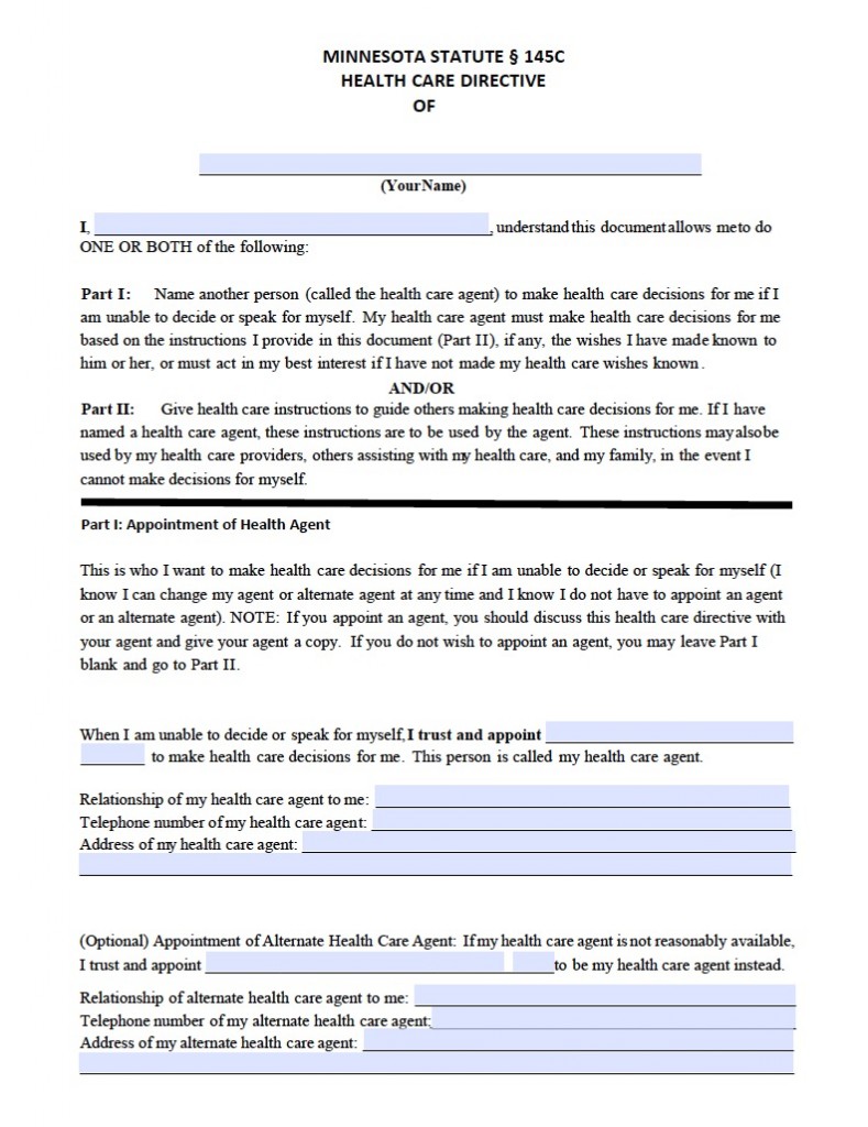 Minnesota Health Care Directive Form Living Will Forms