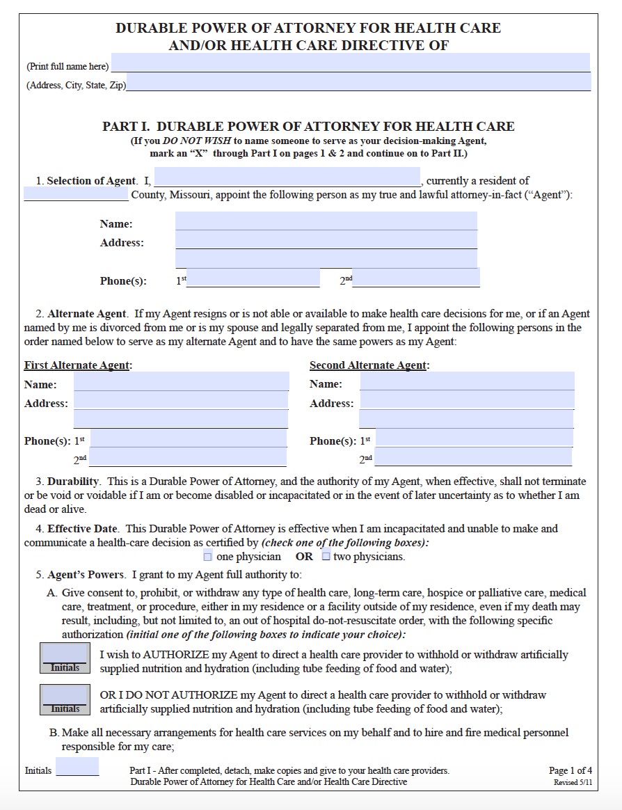 Missouri Durable Medical Power Of Attorney Form Living Will Forms Living Will Forms