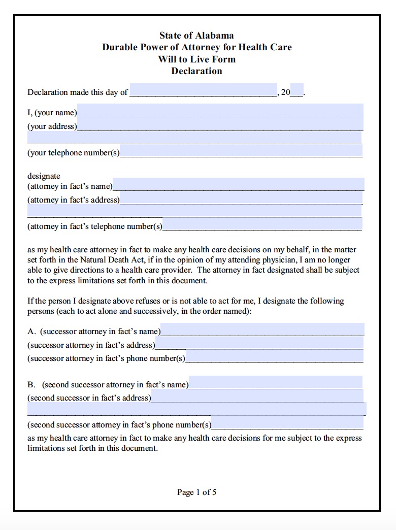 Alabama Durable Medical Power of Attorney Form : Living Will Forms