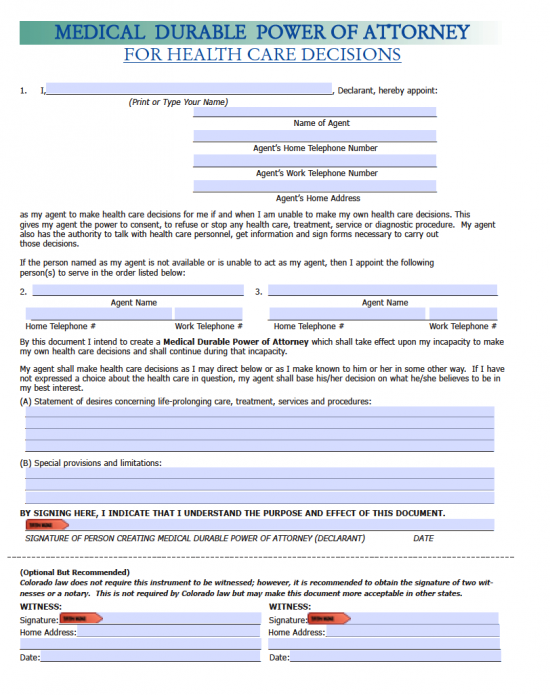 Colorado Durable Medical Power Of Attorney Form Living Will Forms