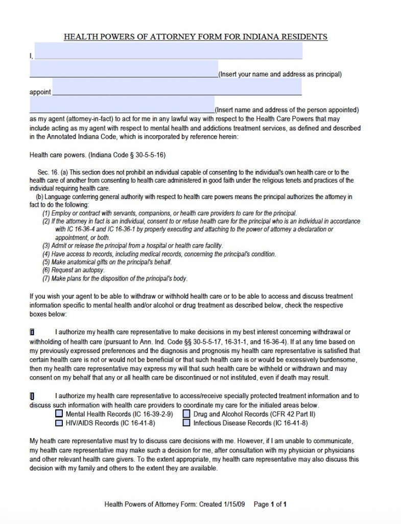 Indiana durable medical power of attorney form living will forms