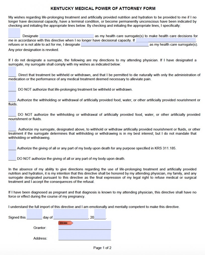 Kentucky Durable Medical Power of Attorney Form : Living Will Forms