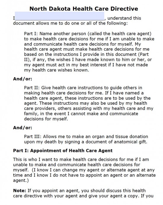 North Dakota Health Care Directive Form