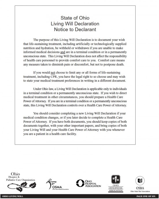 Ohio Living Will Declaration Form Living Will Forms