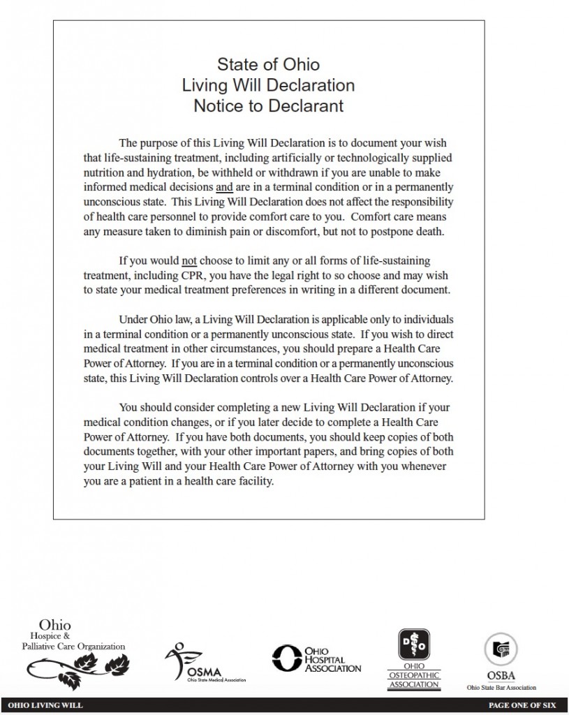 Ohio living will declaration form living will forms