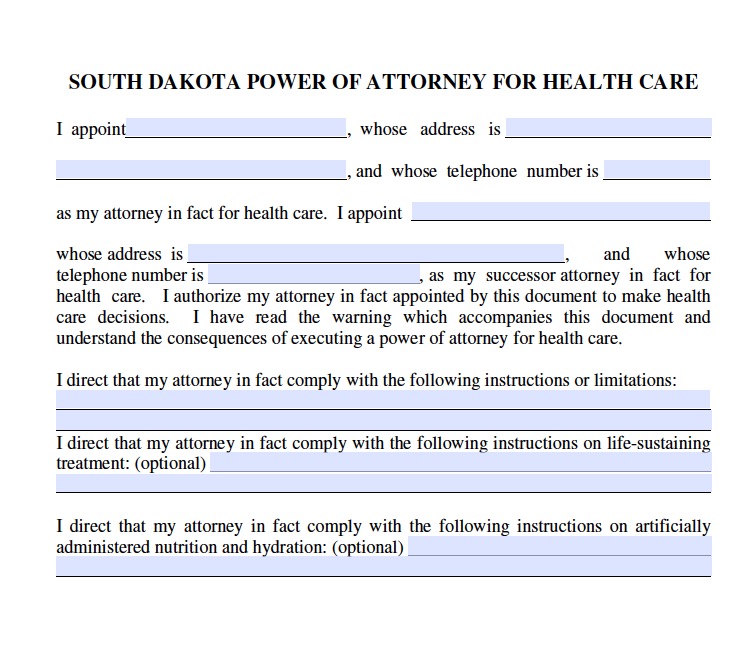 South Dakota Medical Power of Attorney Form - Living Will Forms ...