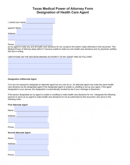 Texas Durable Medical Power of Attorney Form Living Will Forms