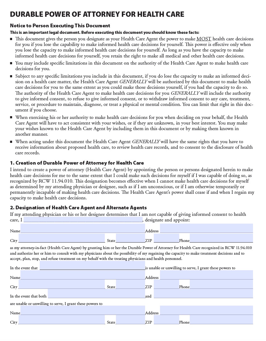 Washington Medical Power Of Attorney Form Living Will Forms