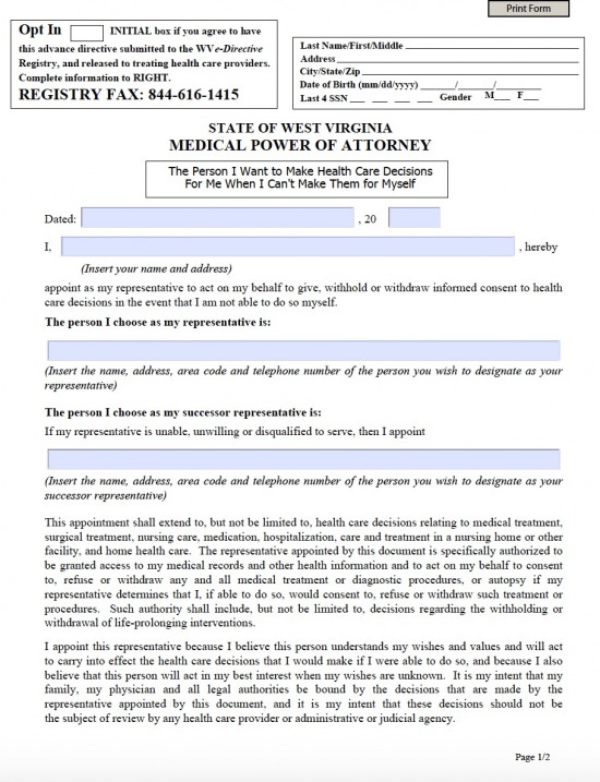 West Virginia Medical Power of Attorney Form